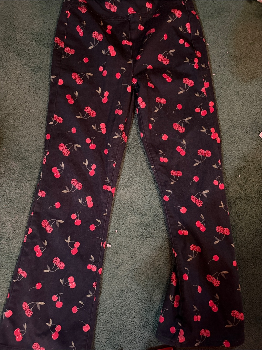 We The Free Black Bootcut Pants with Red Cherry Print